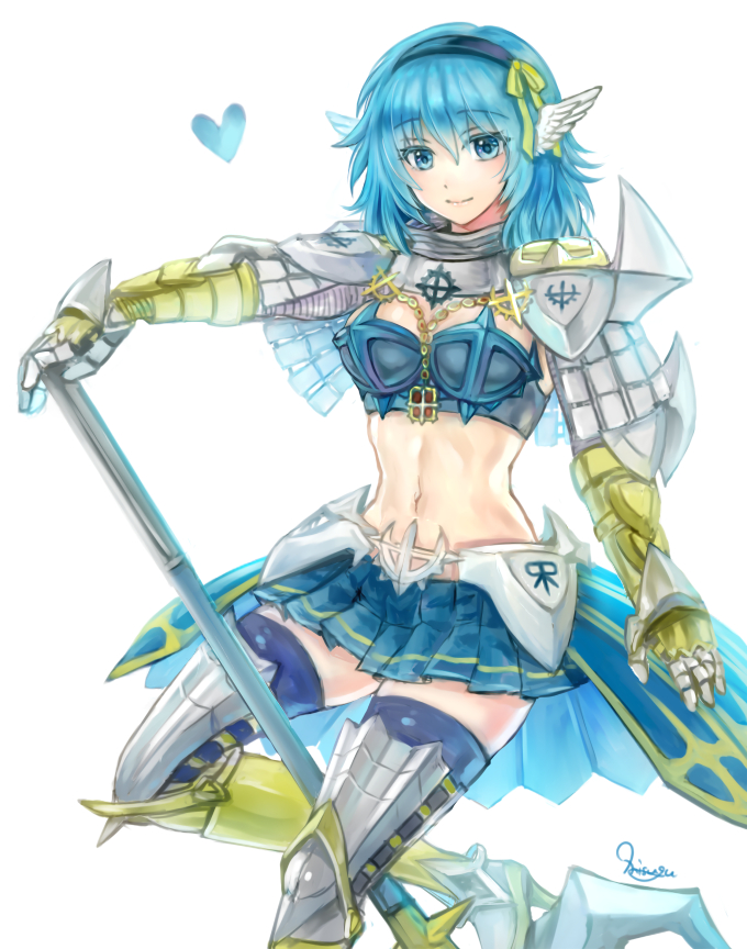 1girl, armor, armored_skirt, bangs, bikini, bikini_armor, blue_bikini, blue_eyes