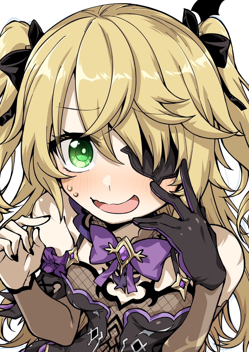 1girl, bare_shoulders, black_nails, blonde_hair, blush, bodysuit, bow, breasts