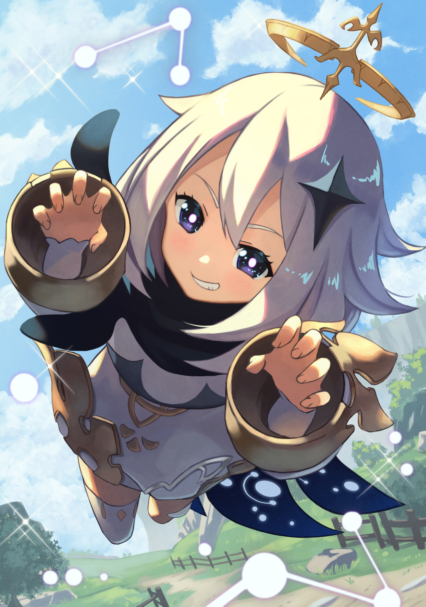 1girl, :d, absurdres, blue_eyes, blue_sky, blush, fairy, genshin_impact