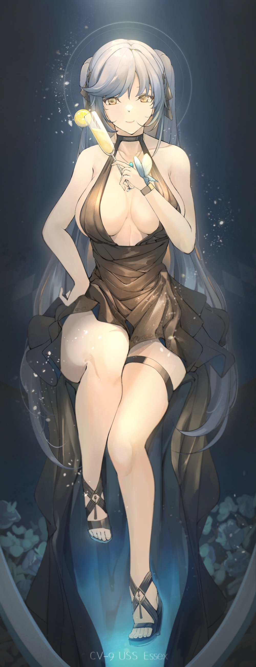 1girl, absurdres, alcohol, azur_lane, bare_legs, blue_cloak, breasts, champagne, cloak, cocktail_dress, collared_cloak, cup, dress, drinking_glass, essex_(azur_lane), essex_(craft_fairytail)_(azur_lane), evening_gown, feet, food, fruit, glass, gown, halter_dress, high_heels, highres, holding, holding_cup, huge_breasts, lemon, long_hair, no_bra, no_cloak, see-through, silver_hair, yusha_(m-gata)