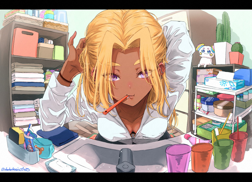 1girl, :t, adjusting_hair, amamiya_erena, animal_print, arm_behind_head, arms_up, bathroom