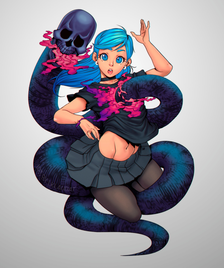 1girl, absurdres, arm_up, artist_name, black_choker, blue_eyes, blue_hair, choker