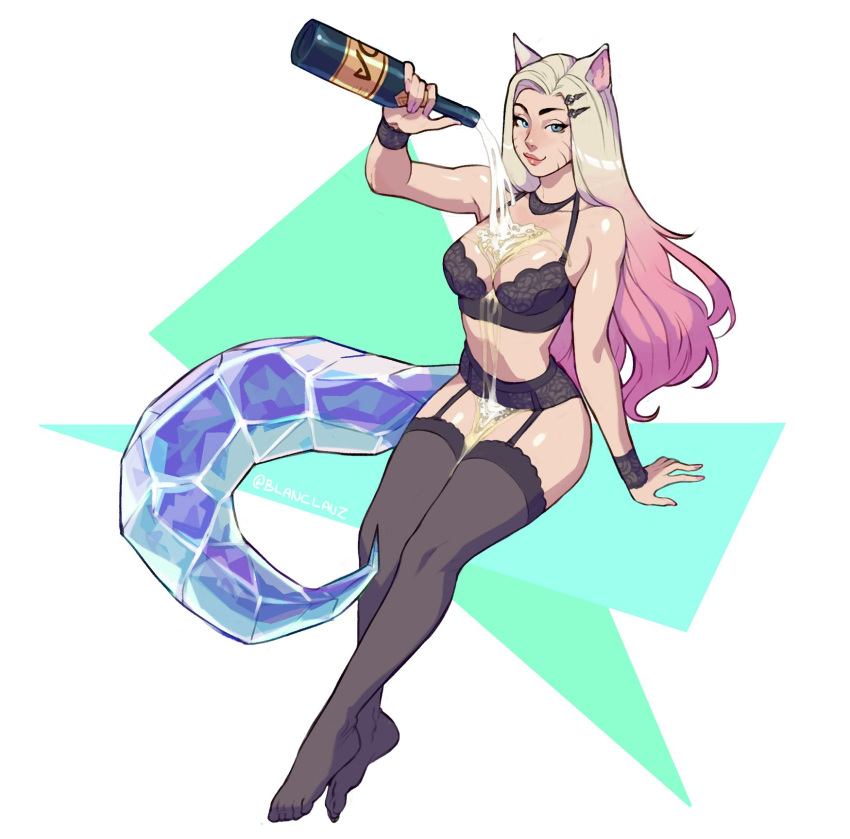 1girl, ahri, alcohol, animal_ears, bare_shoulders, black_legwear, blonde_hair, bottle, breasts, champagne, champagne_bottle, closed_mouth, facial_mark, fingernails, fox_ears, fox_girl, fox_tail, garter_belt, gradient, gradient_hair, hair_ornament, hairclip, highres, holding, holding_bottle, k/da_(league_of_legends), league_of_legends, lingerie, long_hair, lukas_klaudat, multicolored, multicolored_hair, no_shoes, pink_hair, pink_nails, shiny, shiny_hair, shiny_skin, smile, solo, spilling, tail, the_baddest_ahri, thigh-highs, twitter_username, underwear, whisker_markings