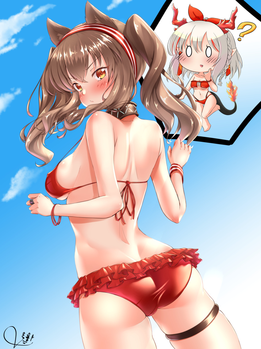 0_0, 2girls, ?, angelina_(arknights), animal_ears, arknights, ass, bangs