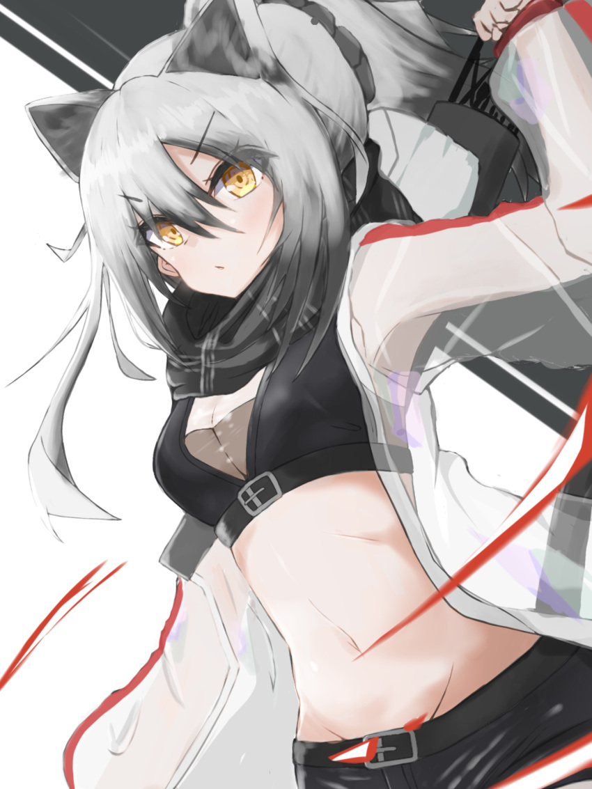 1girl, animal_ears, arknights, arm_up, bangs, breasts, cat_ears, commentary, crop_top, eyebrows_visible_through_hair, groin, hair_between_eyes, highres, jacket, long_hair, looking_at_viewer, matchadzuke, medium_breasts, midriff, navel, open_clothes, open_jacket, quiver, schwarz_(arknights), see-through, silver_hair, simple_background, solo, stomach, upper_body, v-shaped_eyebrows, white_background, yellow_eyes