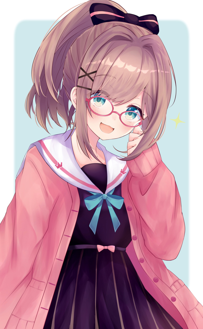 1girl, absurdres, bespectacled, blue_eyes, brown_hair, cardigan, glasses, highres