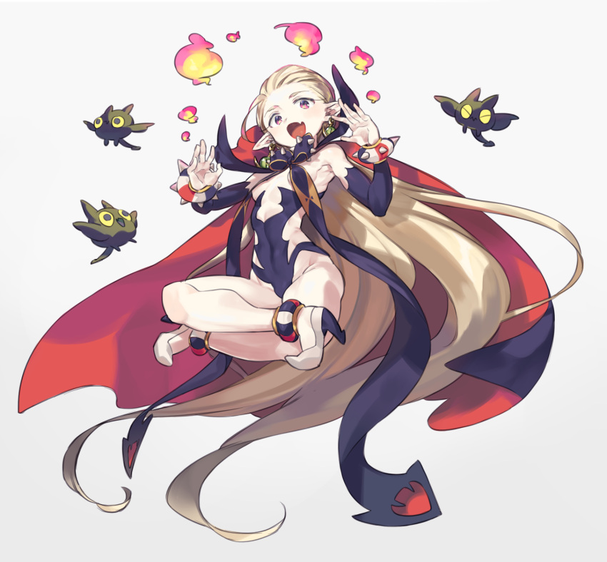 1girl, amana_(pocketkey), blonde_hair, bow, bracelet, cape, closed_eyes, closed_mouth, covered_navel, covered_nipples, creature, fang, fire, flame, floating, flying, gradient, gradient_background, highres, jewelry, long_hair, open_mouth, original, pointy_ears, spiked_bow, spiked_bracelet, spikes, tongue, vampire, very_long_hair, violet_eyes, white_footwear