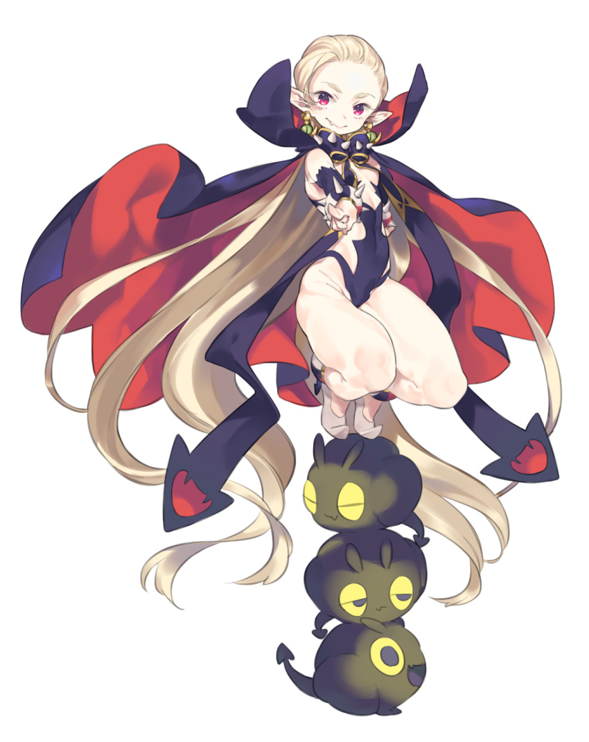 1girl, amana_(pocketkey), black_eyes, blonde_hair, bow, bracelet, cape, closed_eyes, closed_mouth, covered_navel, creature, earrings, fang, glowing, glowing_eyes, half-closed_eyes, highres, jewelry, long_hair, open_mouth, original, pointing, pointy_ears, pointy_footwear, red_eyes, simple_background, smile, solo, spiked_bow, spiked_bracelet, spikes, squatting, vampire, very_long_hair, white_background