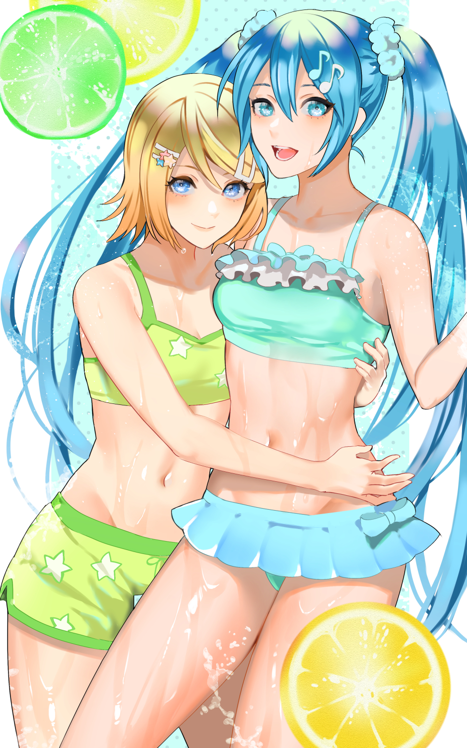 2girls, blonde_hair, blue_eyes, breasts, food, fruit, hair_ornament, hairclip, hatsune_miku, highres, hug, kagamine_rin, lemon, lemon_slice, lime_slice, long_hair, looking_at_viewer, meriko, midriff, multiple_girls, musical_note_hair_ornament, navel, short_hair, small_breasts, summer, twintails, vocaloid