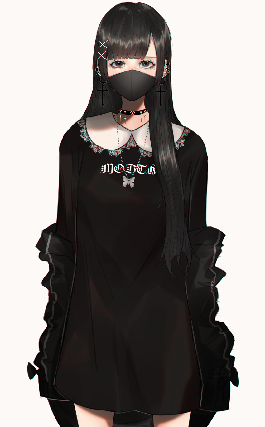 1girl, absurdres, black_eyes, black_hair, choker, cross, cross_earrings, earrings