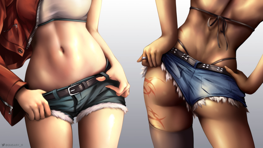 2girls, ass, back, belt, belt_buckle, bikini, black_bikini, black_legwear