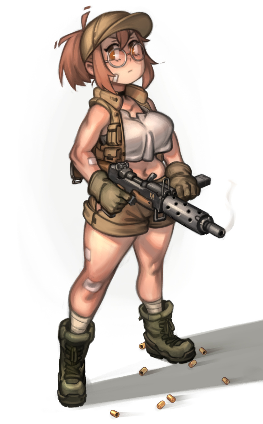 1girl, absurdres, bandaged_leg, bandages, bandaid, bandaid_on_face, bandaid_on_knee, bandaid_on_leg, baseball_cap, black_choker, boots, breasts, brown_eyes, brown_hair, choker, combat_boots, crop_top, crop_top_overhang, finger_on_trigger, fio_germi, full_body, glasses, gloves, gun, hat, highres, ironsights, kelvin_hiu, load_bearing_vest, looking_at_viewer, medium_breasts, metal_slug, midriff, muffin_top, navel, round_eyewear, shell_casing, sidelocks, sleeveless, smoke, smoking_gun, solo, standing, sten_gun, submachine_gun, weapon