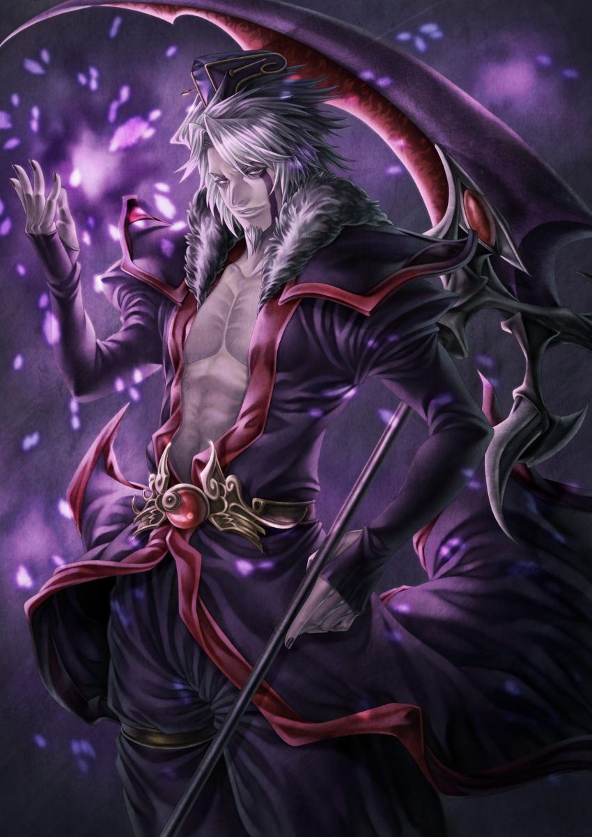 1boy, abs, absurdres, beard, black_nails, facepaint, facial_hair, fingerless_gloves, fur_trim, gloves, goatee, highres, jia_xu, long_sleeves, looking_at_viewer, male_focus, pants, puffy_long_sleeves, puffy_sleeves, purple_background, purple_headwear, purplle_eyes, scythe, standing, white_hair, winter_(winter168883)