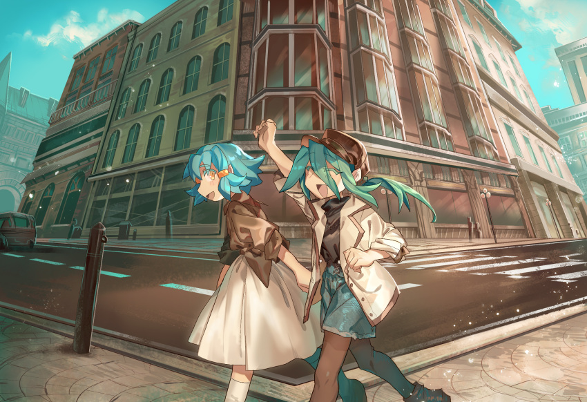 2girls, :d, ^_^, akari_(shichigatsu), blush, brown_headwear, brown_jacket, brown_legwear, building, car, closed_eyes, fisheye, from_side, green_hair, ground_vehicle, hair_between_eyes, hand_up, hat, highres, jacket, long_hair, looking_at_viewer, motor_vehicle, multiple_girls, open_clothes, open_jacket, open_mouth, orange_eyes, original, pantyhose, ponytail, road, shichigatsu, shoes, short_hair, skirt, smile, socks, sou_(shichigatsu), white_jacket, white_legwear, white_skirt