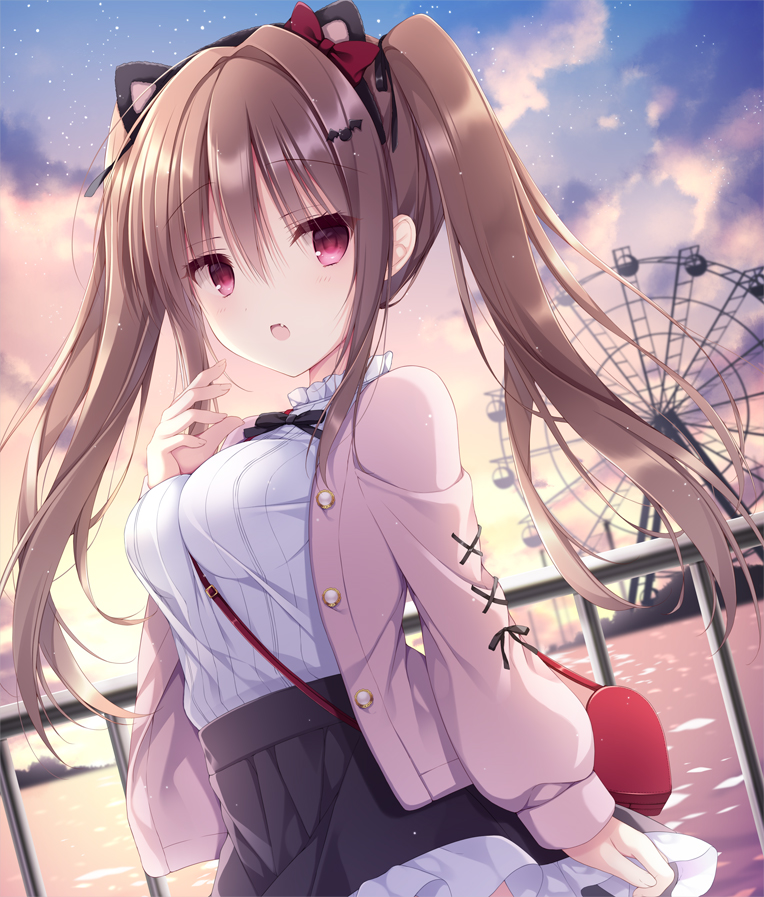 1girl, :d, animal_ears, bag, bangs, between_breasts, black_skirt, blush
