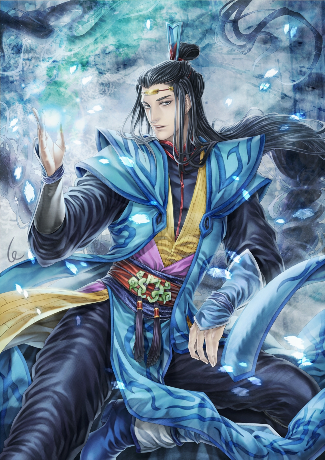 1boy, absurdly_long_hair, black_hair, black_pants, blue_background, blue_footwear, boots, character_request