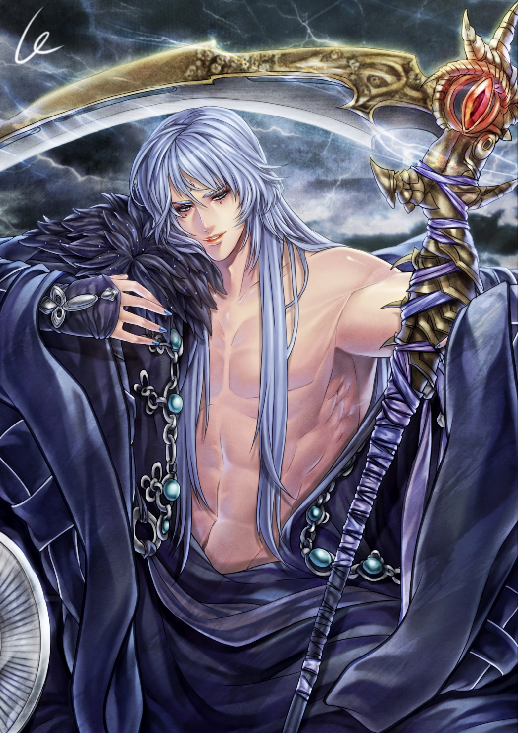 1boy, abs, blue_hair, blue_nails, facial_mark, forehead_mark, grey_sky, highres