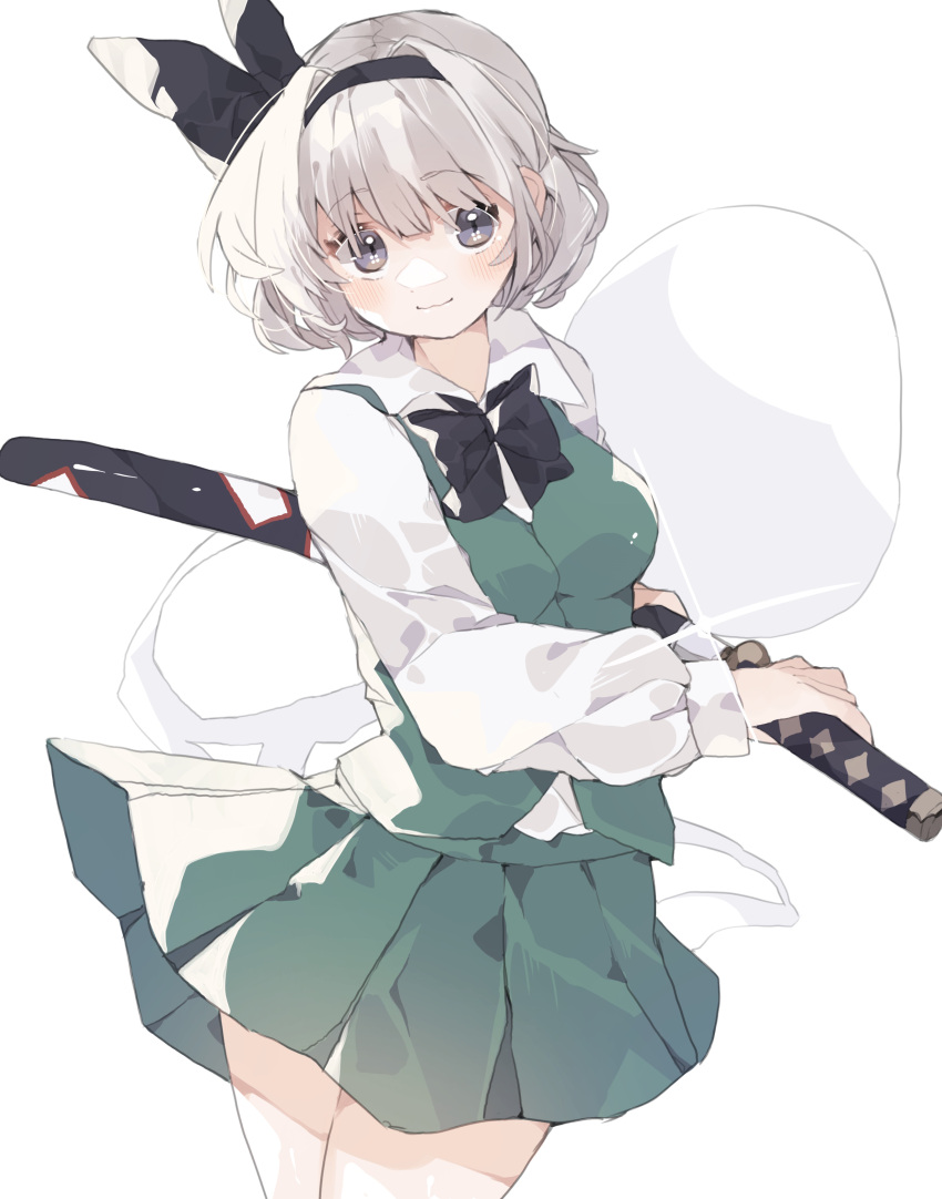 1girl, :3, absurdres, bangs, black_bow, black_hairband, black_ribbon, blue_eyes