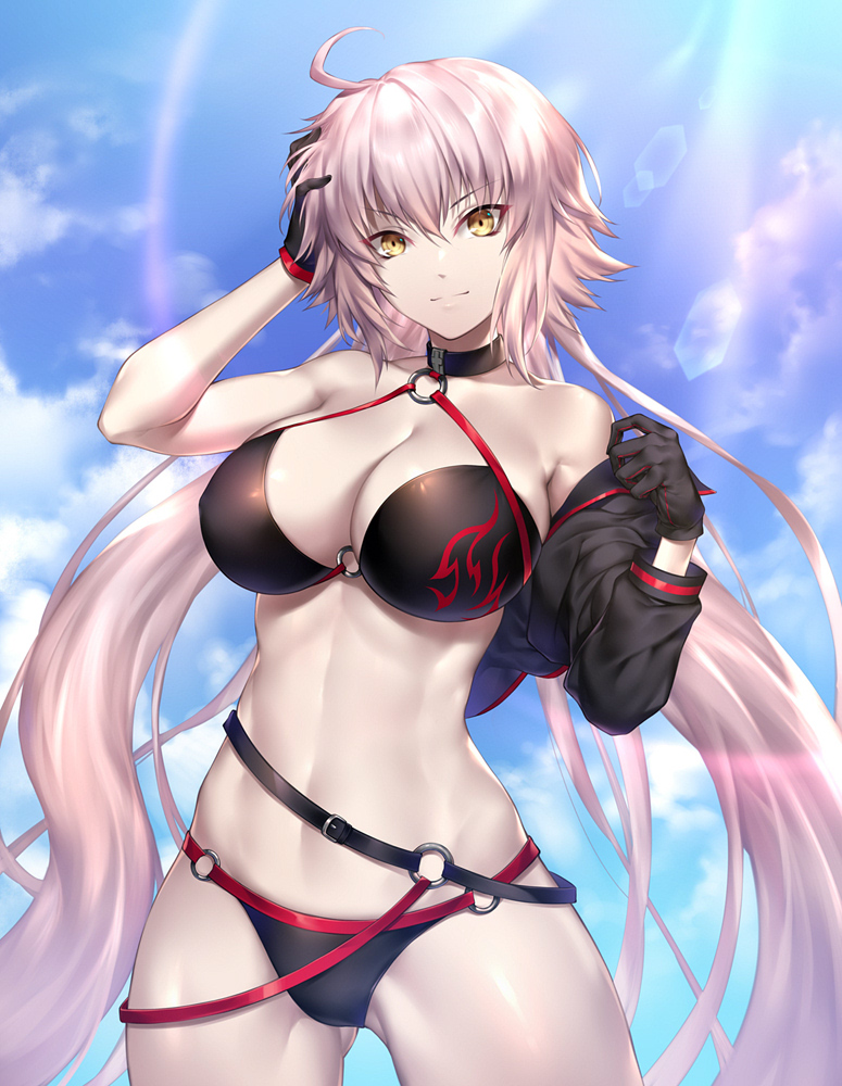 1girl, ahoge, alternate_hair_color, bikini, black_bikini, black_gloves, black_jacket, blue_sky