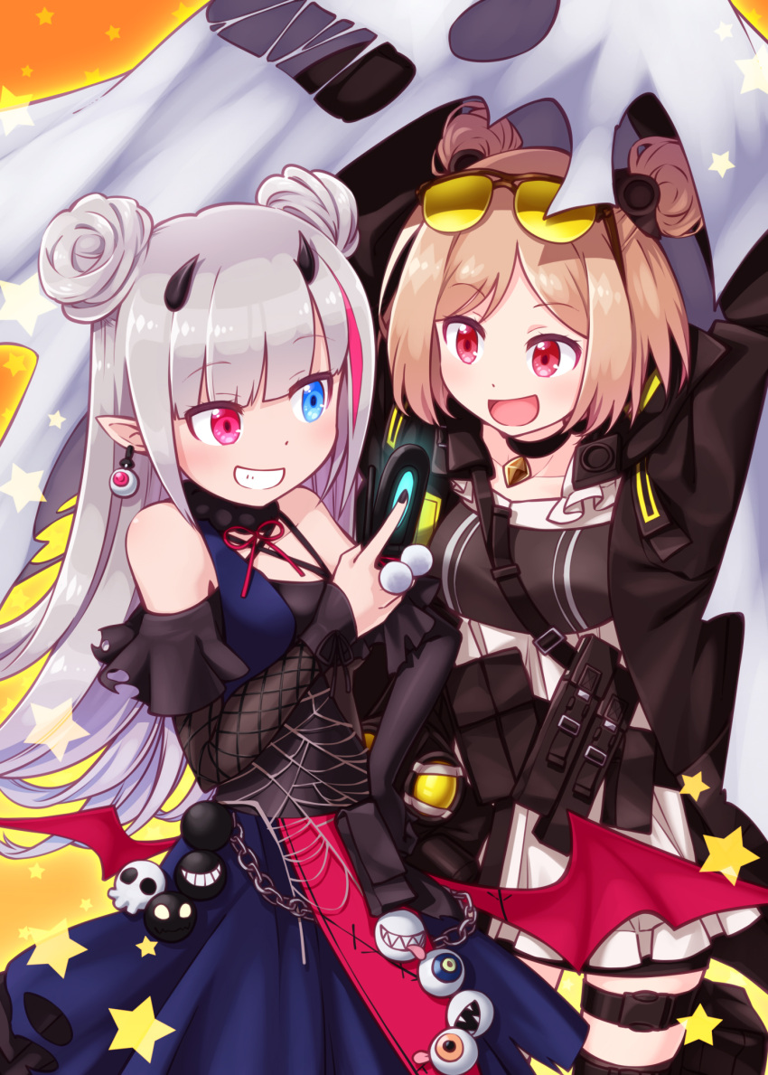 2girls, :d, bare_shoulders, black_jacket, black_sleeves, blue_dress, blue_eyes, breasts, brown_background, brown_hair, collarbone, commentary_request, demon_horns, detached_sleeves, double_bun, dress, earrings, eyeball_earrings, eyewear_on_head, ghost_costume, girls_frontline, grin, heterochromia, highres, horns, jacket, jewelry, long_hair, low_wings, mdr_(girls_frontline), multicolored_hair, multiple_girls, open_clothes, open_jacket, open_mouth, outline, p90_(girls_frontline), pink_hair, pleated_dress, pleated_skirt, pointy_ears, red_eyes, red_wings, sansei_rain, short_hair, silver_hair, skirt, sleeveless, sleeveless_dress, small_breasts, smile, star_(symbol), streaked_hair, sunglasses, very_long_hair, white_skirt, wings, yellow-tinted_eyewear, yellow_outline
