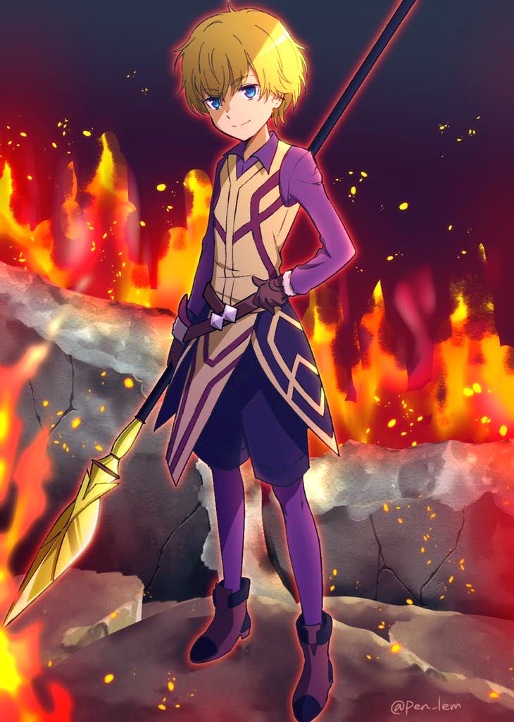 1boy, artist_name, blonde_hair, blue_eyes, brown_footwear, brown_gloves, dungeon_ni_deai_wo_motomeru_no_wa_machigatteiru_darou_ka, finn_deimne, fire, gloves, holding, holding_spear, holding_weapon, male_focus, pen_lem, polearm, purple_legwear, shorts, smile, solo, spear, sword_oratoria, weapon