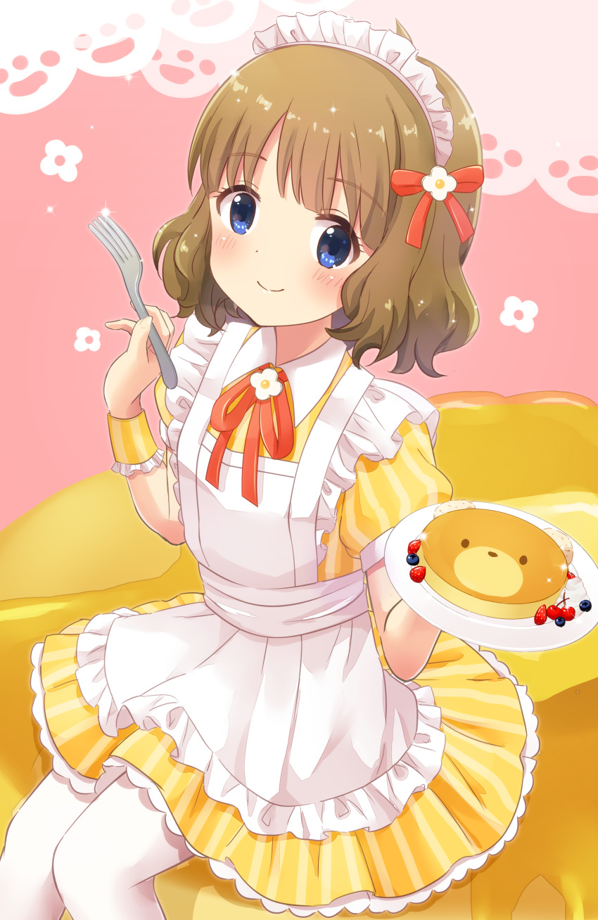 1girl, absurdres, apron, blue_eyes, blush, brown_hair, cheese, dress