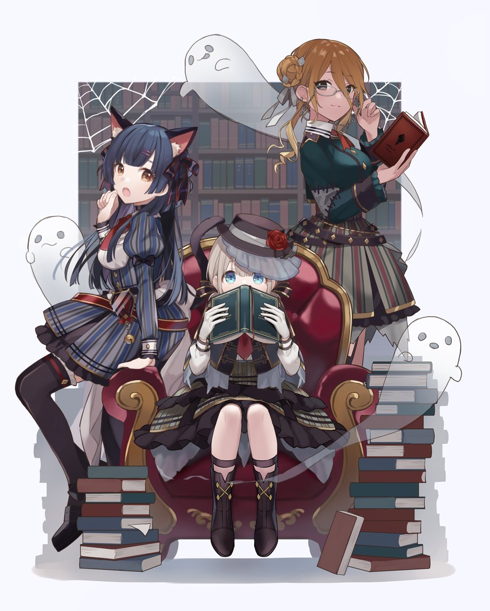 3girls, :o, adjusting_eyewear, animal_ear_fluff, animal_ears, bangs, belt, black_footwear