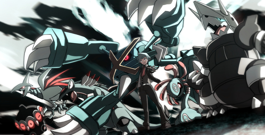 1boy, aggron, armaldo, asumakobayashi, black_jacket, black_pants, claydol, closed_mouth
