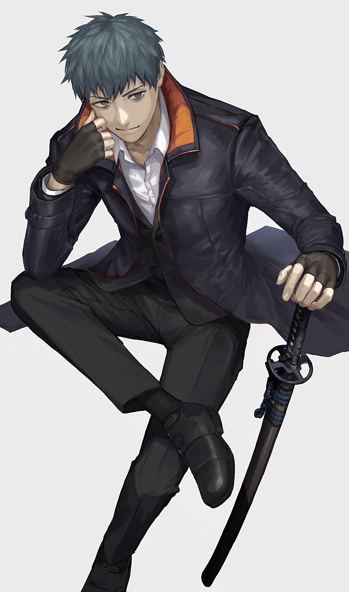 1boy, crossed_legs, fate/grand_order, fate_(series), fingerless_gloves, formal, gloves, grey_hair, highres, katana, kouzuki_kei, long_coat, male_focus, saitou_hajime_(fate), sheath, sheathed, sitting, smile, suit, sword, weapon
