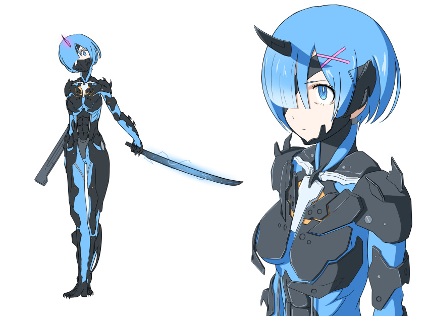 1girl, armor, blue_eyes, blue_hair, close-up, commentary_request, cosplay, cyborg