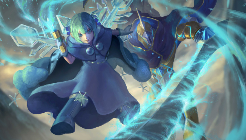 1boy, 1girl, absurdres, armor, bangs, boots, cape, closed_mouth