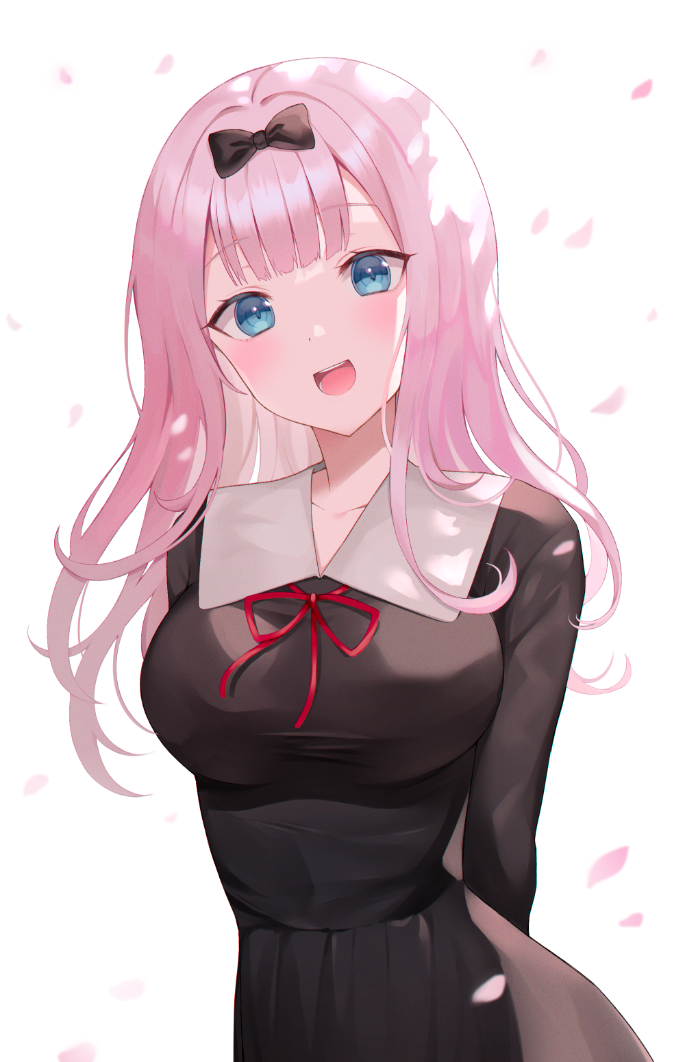 1girl, 49_(yonkyuu), :d, aqua_eyes, arms_behind_back, bangs, black_bow, black_dress