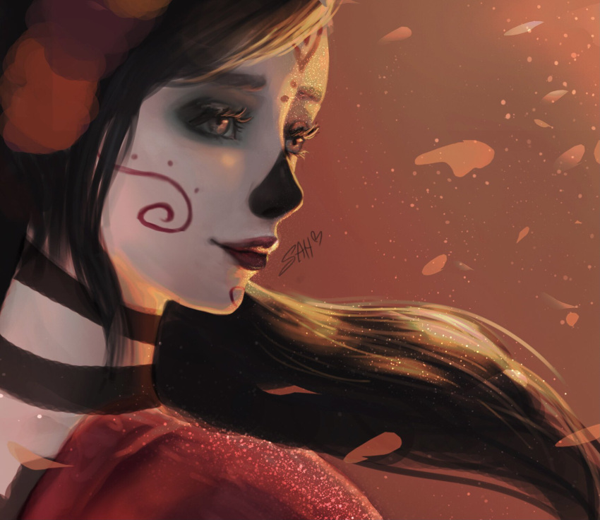 1girl, black_hair, bow, death, dress, highres, makeup, mexican