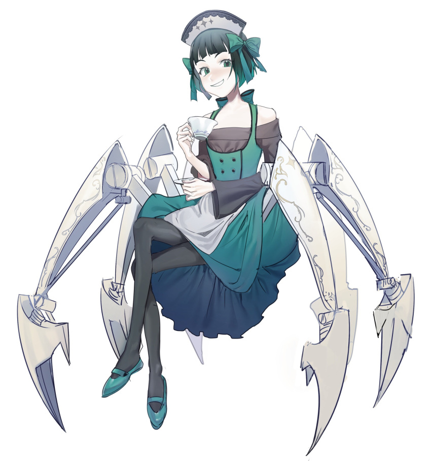 1girl, bangs, black_legwear, blush, crossed_legs, cup, dress, gothic_lolita