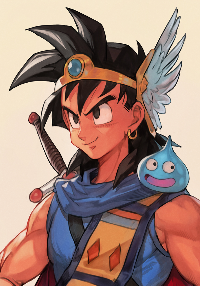 1boy, abel_(dq), bare_shoulders, black_eyes, black_hair, blue_scarf, cape, crown, dragon_quest, dragon_quest_yuusha_abel_densetsu, earrings, hankuri, helmet, hankuri, jewelry, looking_at_viewer, muscle, on_shoulder, scarf, shirt, slime_(dragon_quest), smile, spiky_hair, sword, toriyama_akira_(style), weapon, winged_helmet