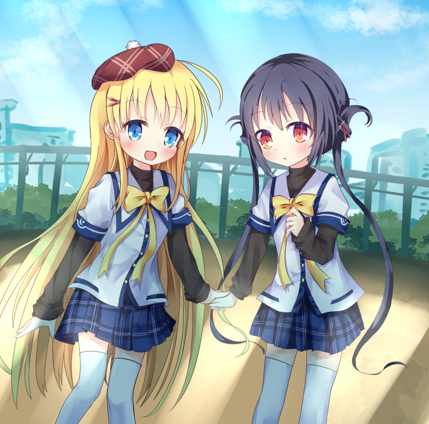 2girls, black_hair, black_shirt, blonde_hair, blue_eyes, blue_skirt, brown_eyes, brown_headwear, clouds, clover_days, hair_ornament, hairclip, hat, highres, holding_hands, long_hair, multiple_girls, open_mouth, outdoors, p-hone, plaid, plaid_skirt, school_uniform, shirt, siblings, sisters, skirt, sky, smile, takakura_anri, takakura_anzu, thigh-highs, twintails, very_long_hair, white_legwear, white_shirt