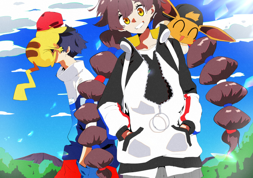 1boy, 1girl, 2others, ^_^, backwards_hat, blue_hair, blue_sky, brown_hair