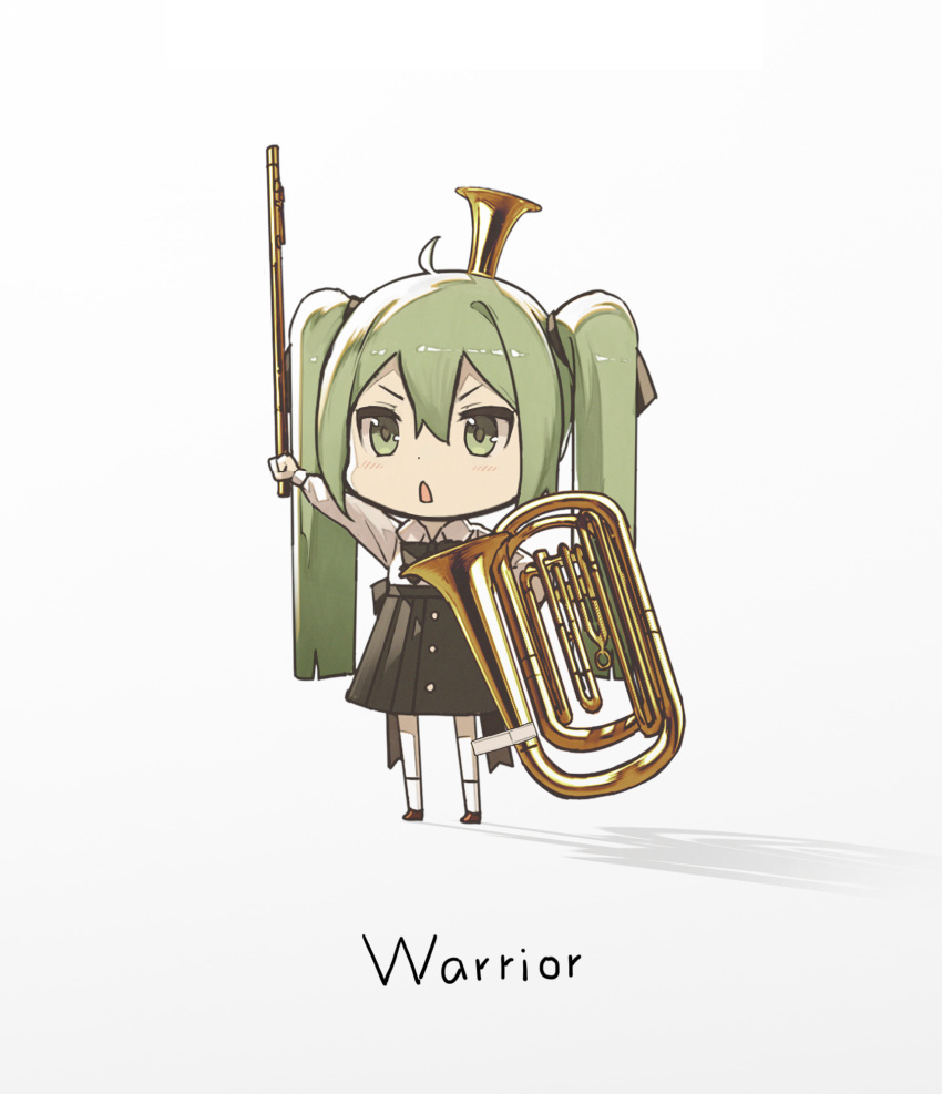 1girl, arm_up, black_skirt, chibi, chinese_commentary, commentary, english_text, flute