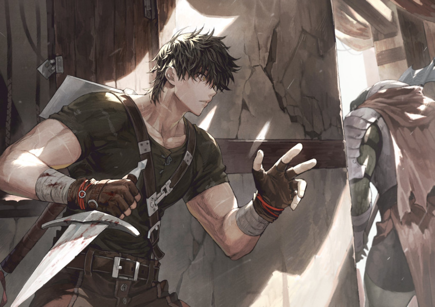 1boy, armor, axe, bandaged_wrist, bandages, blood, bloody_bandages, bloody_weapon