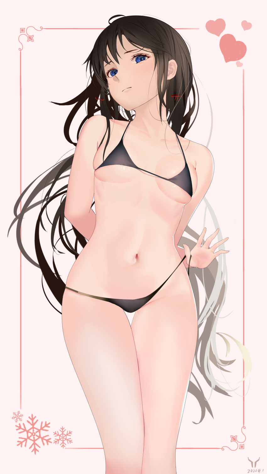1girl, absurdres, adjusting_clothes, adjusting_swimsuit, arm_behind_back, bangs, bikini, black_bikini