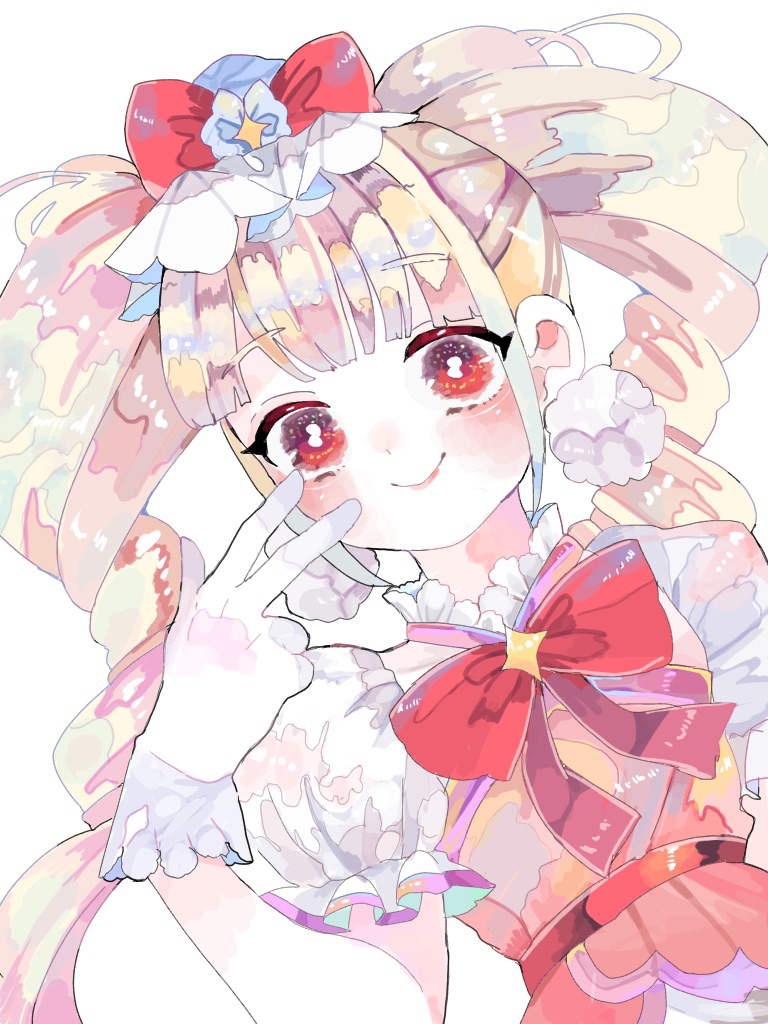 1girl, aisaki_emiru, bangs, blonde_hair, blunt_bangs, blush, bow, cure_macherie, dress, eyebrows_visible_through_hair, gloves, hanataro_(sruvhqkehy1zied), hugtto!_precure, long_hair, looking_at_viewer, pink_dress, precure, puffy_short_sleeves, puffy_sleeves, red_bow, red_eyes, short_sleeves, simple_background, smile, solo, twintails, upper_body, w, white_background, white_gloves