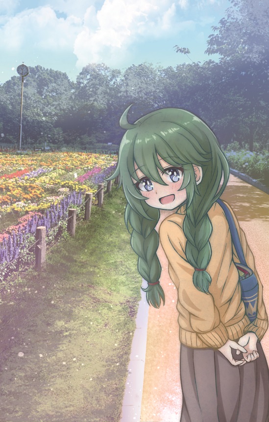 1girl, :d, arms_behind_back, bag, bangs, blue_eyes, blush, braid