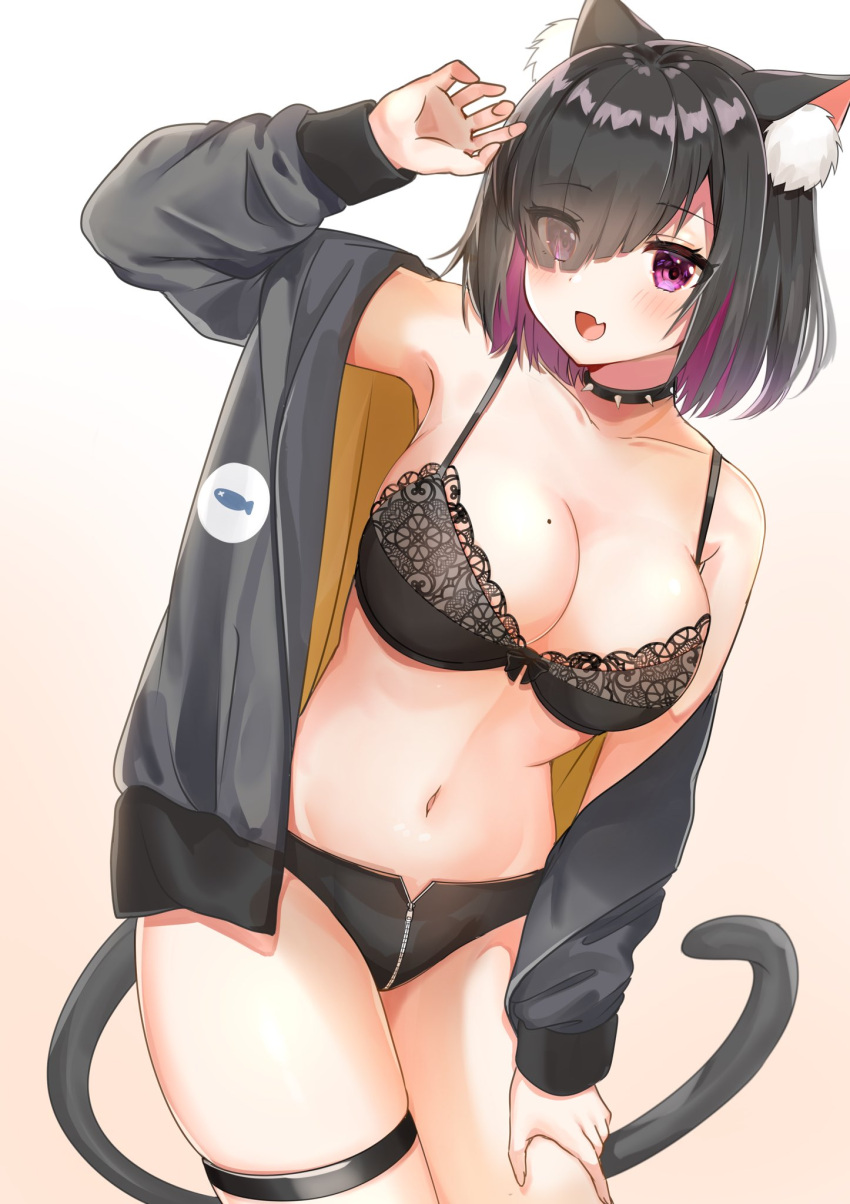 1girl, :d, animal_ear_fluff, animal_ears, black_bra, black_choker, black_hair, black_jacket, black_panties, bra, breasts, cat_ears, cat_tail, choker, collarbone, eyebrows_visible_through_hair, eyes_visible_through_hair, fang, hair_over_one_eye, hand_on_own_thigh, hand_up, highres, jacket, katsushika_pachi, large_breasts, leg_garter, long_sleeves, looking_at_viewer, mole, mole_on_breast, navel, open_clothes, open_jacket, open_mouth, original, panties, pink_eyes, short_hair, skin_fang, smile, solo, spiked_choker, spikes, tail, underwear, zipper, zipper_panties