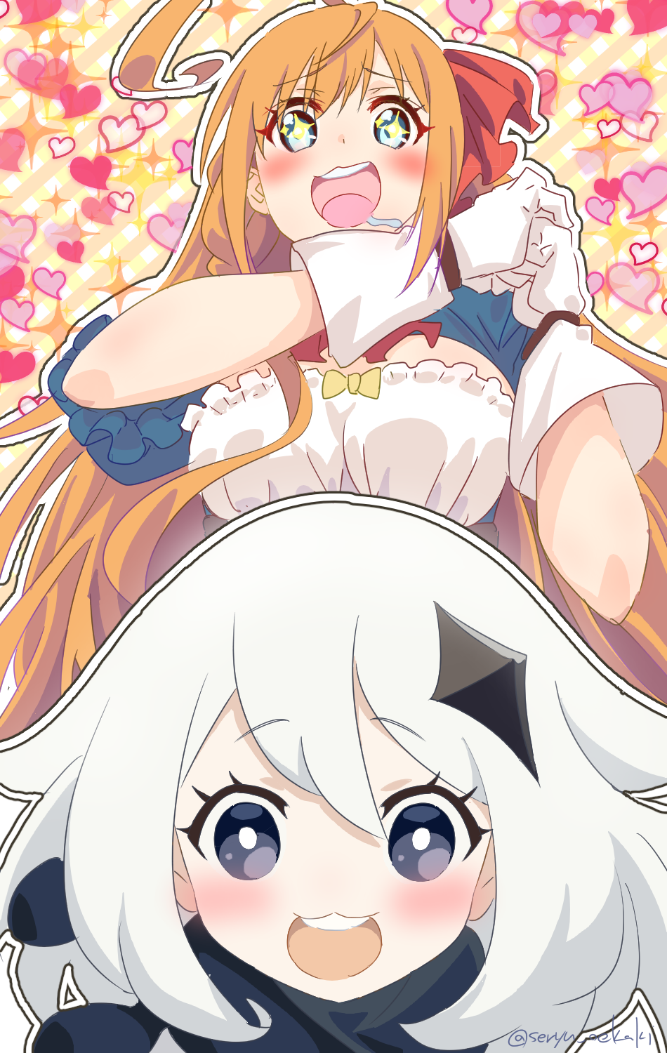 2girls, :3, ahoge, blue_eyes, breasts, cape, dress, genshin_impact, halo, highres, large_breasts, long_sleeves, looking_at_viewer, multiple_girls, paimon_(genshin_impact), pecorine_(princess_connect!), princess_connect!, princess_connect!_re:dive, scarf, seryu_oekaki, short_hair, star-shaped_pupils, star_(symbol), symbol-shaped_pupils, white_dress, white_hair