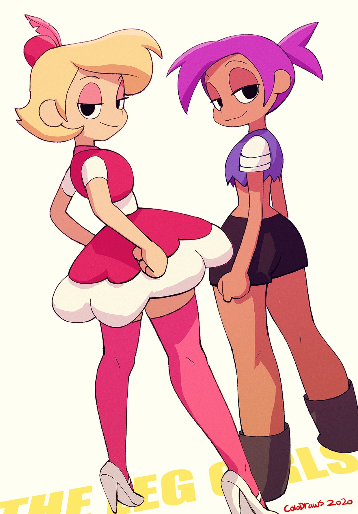 2girls, black_eyes, black_shorts, blonde_hair, colo_(nagrolaz), crop_top, dark_skin, dated