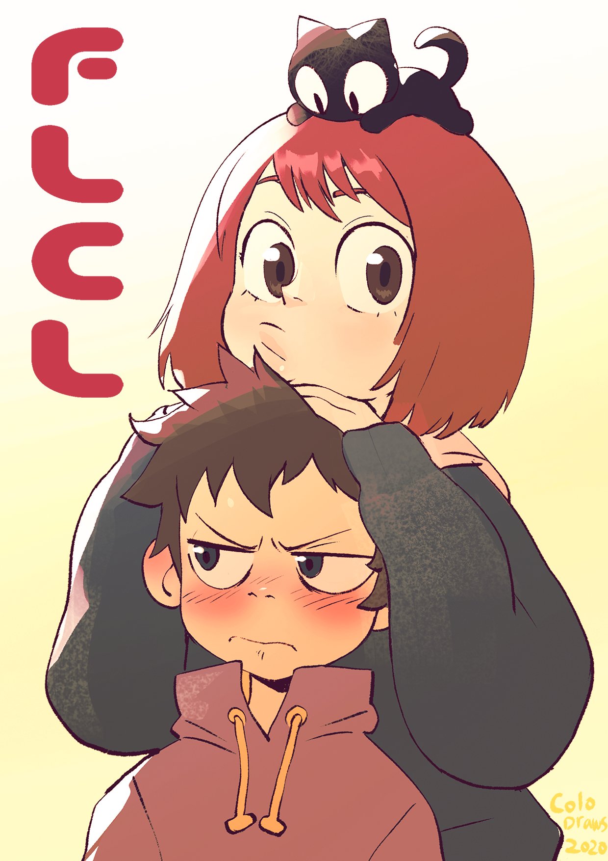 1boy, 1girl, animal_on_head, black_cat, black_eyes, black_hair, blush, brown_hair