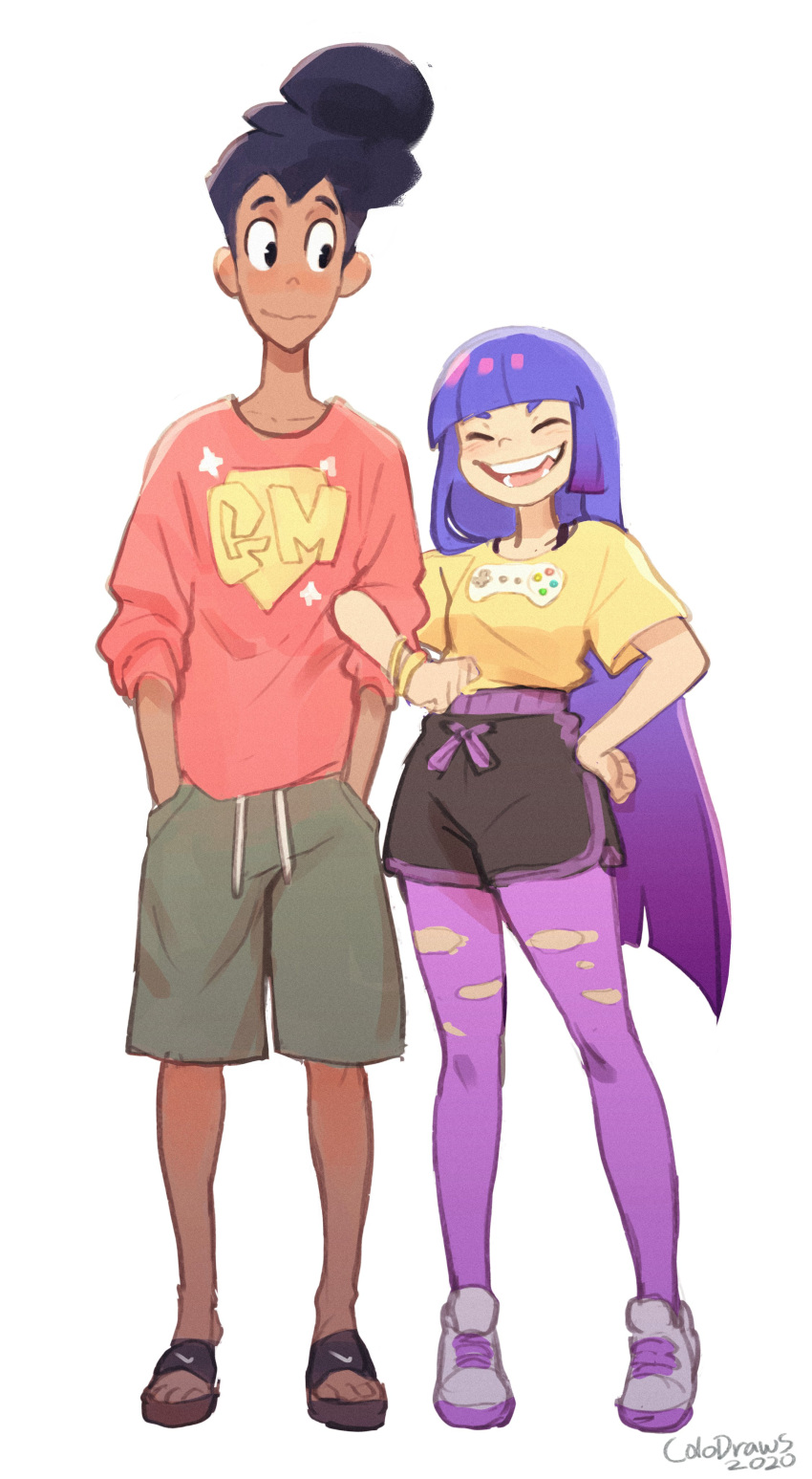 absurdres, bangs, black_hair, blunt_bangs, bracelet, closed_eyes, colo_(nagrolaz), drawstring, glitch_techs, hand_on_hip, hands_in_pockets, hector_nieves, high_five_(glitch_techs), highres, jewelry, long_hair, miko_kubota, open_mouth, pantyhose, purple_hair, purple_legwear, red_shirt, sandals, shirt, shoes, short_sleeves, shorts, simple_background, smile, torn_clothes, torn_legwear, very_long_hair, white_background, white_footwear, yellow_shirt