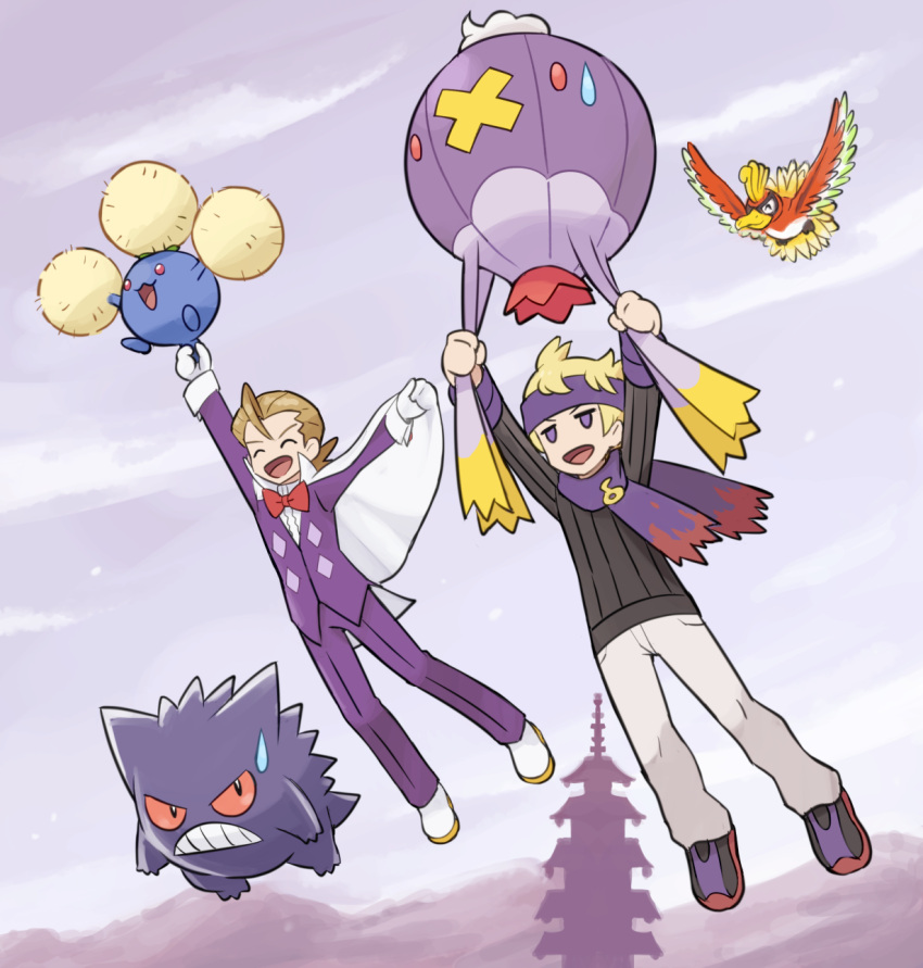 2boys, bangs, blonde_hair, brown_hair, cape, closed_eyes, commentary_request, day