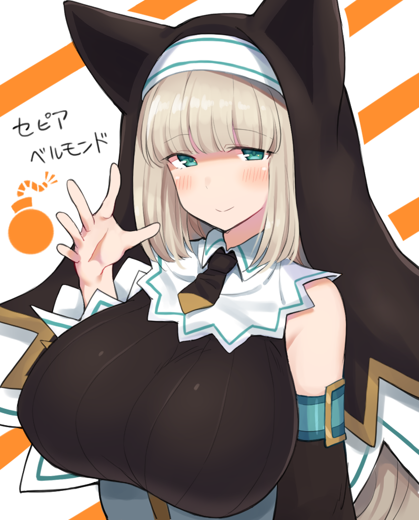 1girl, animal_ears, bangs, bare_shoulders, blush, bombergirl, breasts, brown_hair
