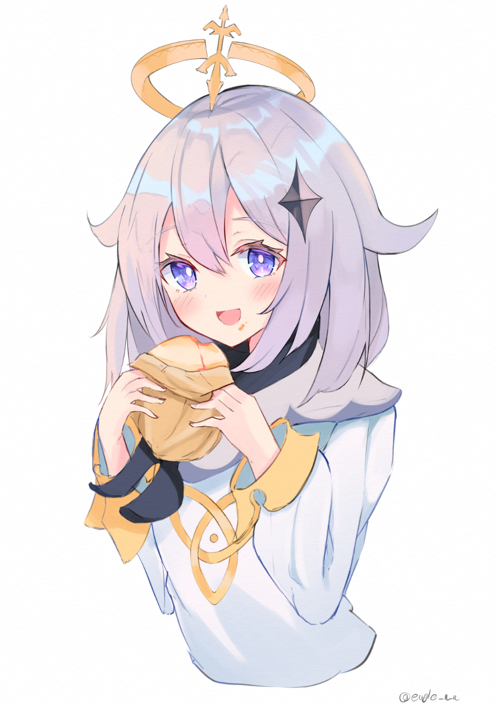 1girl, blue_eyes, cape, dress, eating, eugle_na, food_request, genshin_impact